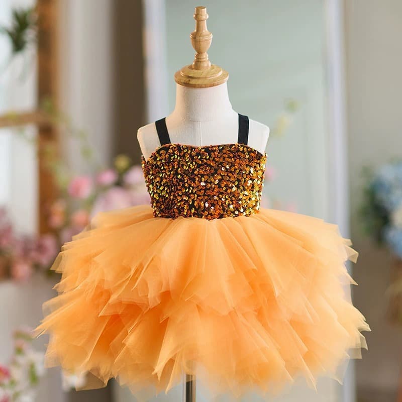 Girls Gold Sequin Princess Dress Tulle Skirt First Birthday Piano Violin Performance Costume Model Catwalk