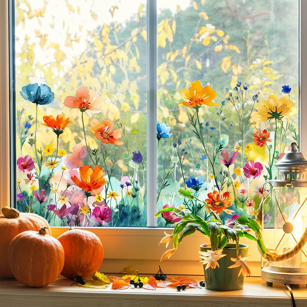Love Guest JD3601 New Multi-Color Flower Bush Glass Sticker Balcony Restaurant Atmosphere Window Sticker No Glue Static Stick