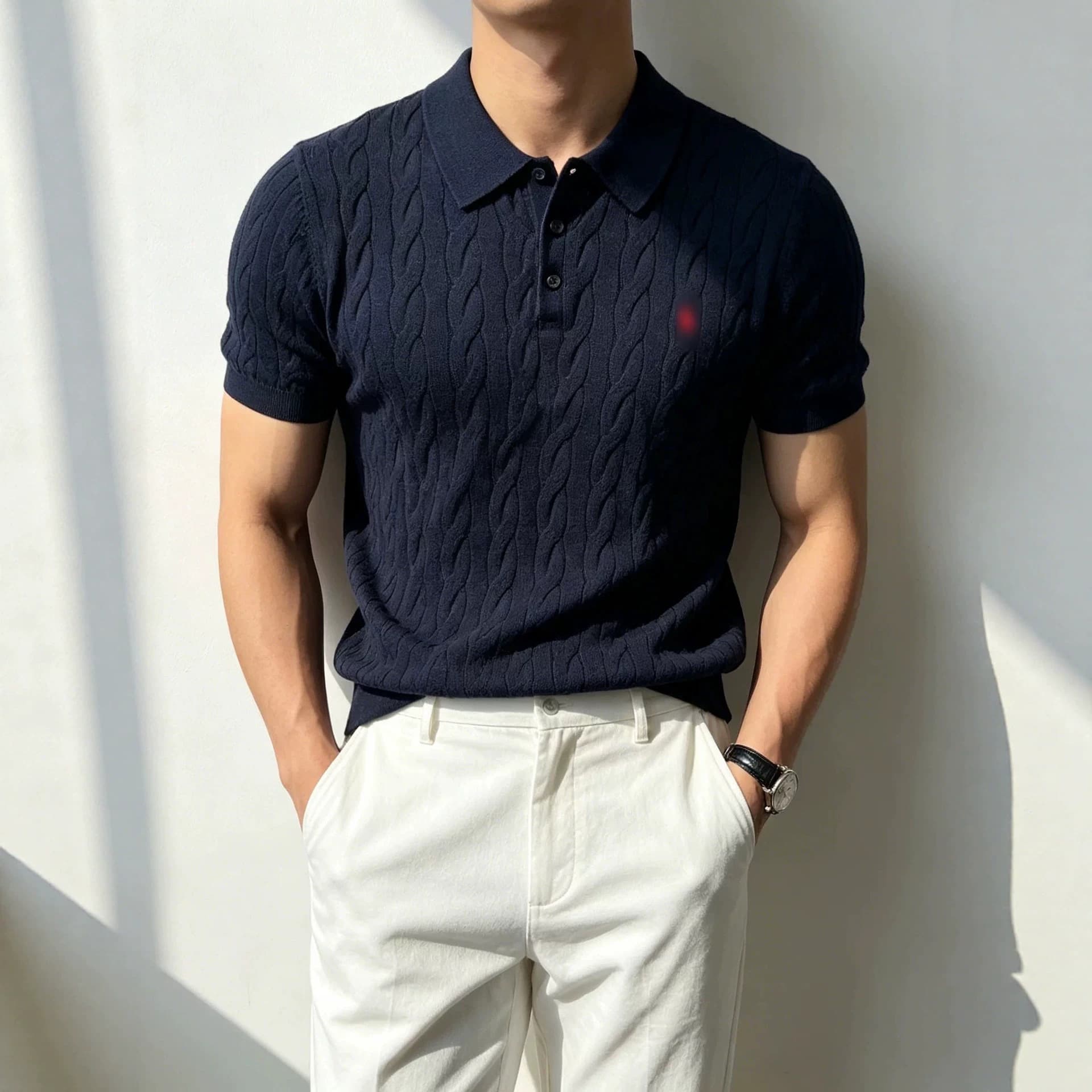 [Italian Old Money Style] 100% Cotton Cable-Knit Polo with a Turn-Down Collar, Business Casual Men's Short-Sleeve, Thin Style for Spring and Summer