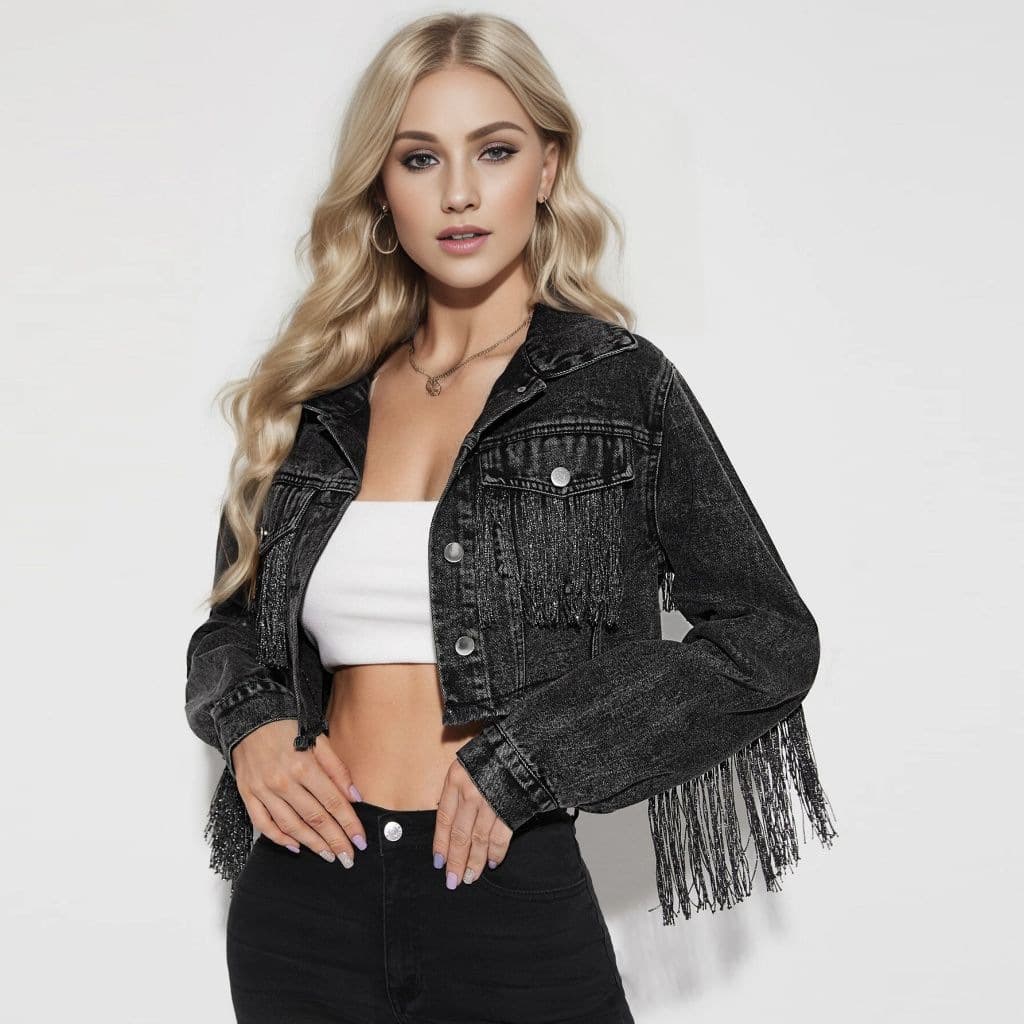 S112# Cross-border Amazon EU/US Foreign Trade Denim Jacket Women Fashion Fringe Patchwork Distressed Denim Coat