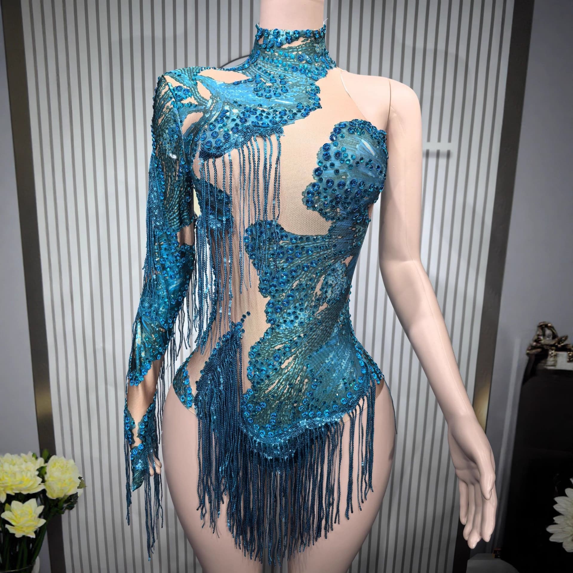 European and American style sparkling silver tassel long-sleeved high-waisted jumpsuit Latin dance talent performance costume nightclub gogo performance costume