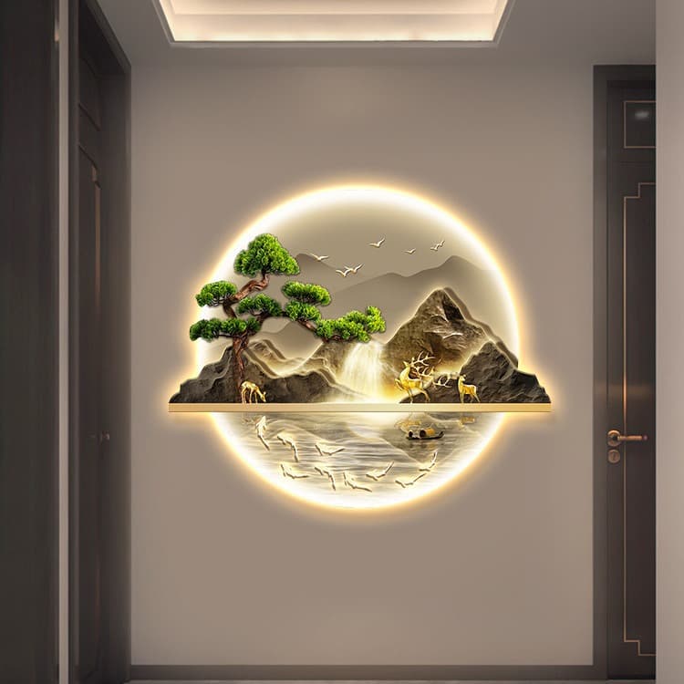 New Chinese Style Entryway Decorative Painting Flowing Water Brings Wealth Landscape Painting with Light Corridor Hallway Hanging Painting Welcoming Pine Mural