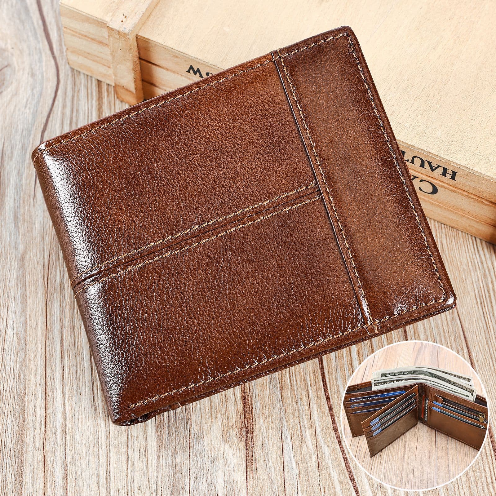 Amazon Hot Selling Men's Genuine Leather Wallet Top Layer Cowhide RFID Blocking Billfold European and American Large Cash Money Clip