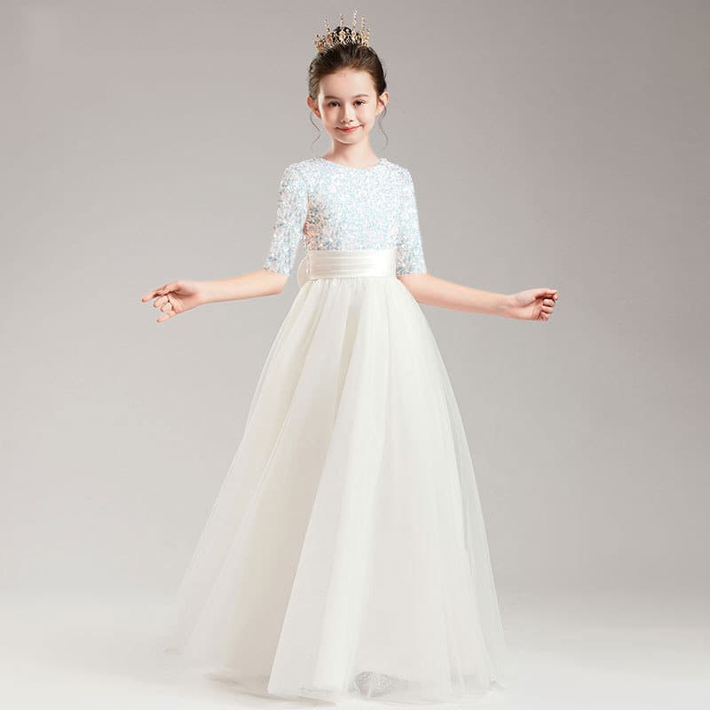 Girls' violin long performance costume, middle-aged and older children's evening dress, white children's dress, princess sequined mid-sleeve long dress