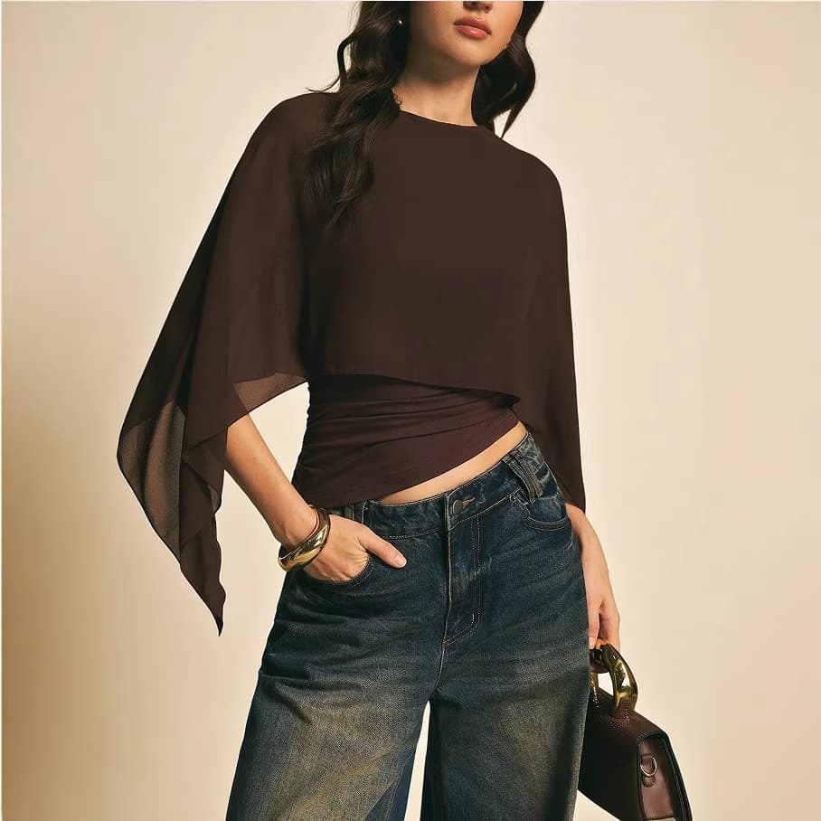 2026 Summer New Cross-border Women's Cape Sleeve T-shirt Round Neck Loose Chiffon Cover-up Elegant Asymmetric Top