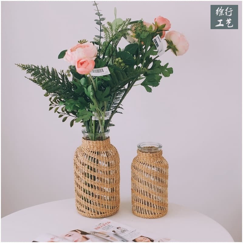 Vintage Nordic Woven Vase Seagrass Rattan Living Room Home Decoration Dried Flower Arrangement Flower Basket Planter Vessel