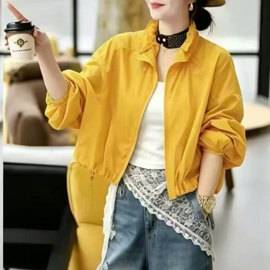 Stand Collar Drawstring Sun Protection Jacket for Women, Thin Style 2026 Summer New Fashion Youthful Slim Fit Jacket