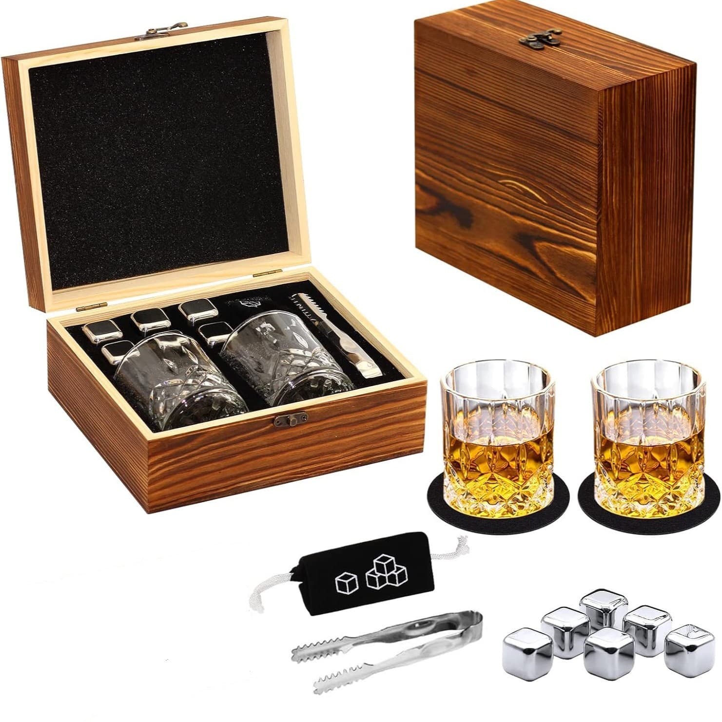 Amazon Stainless Steel Whiskey Stones, Wooden Box Set with Glasses Gift Package