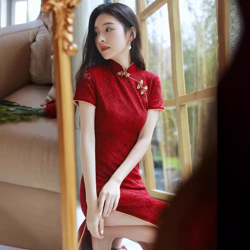 Wine Red Cheongsam Wedding Toast Dress for Bride Summer Engagement Marriage Gown Women High-End Elegant Long Lace Side-Front Closure