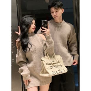 Couple Fall/Winter New Women's Off-Shoulder Knit Dress Men's Crew Neck Pullover Sweater