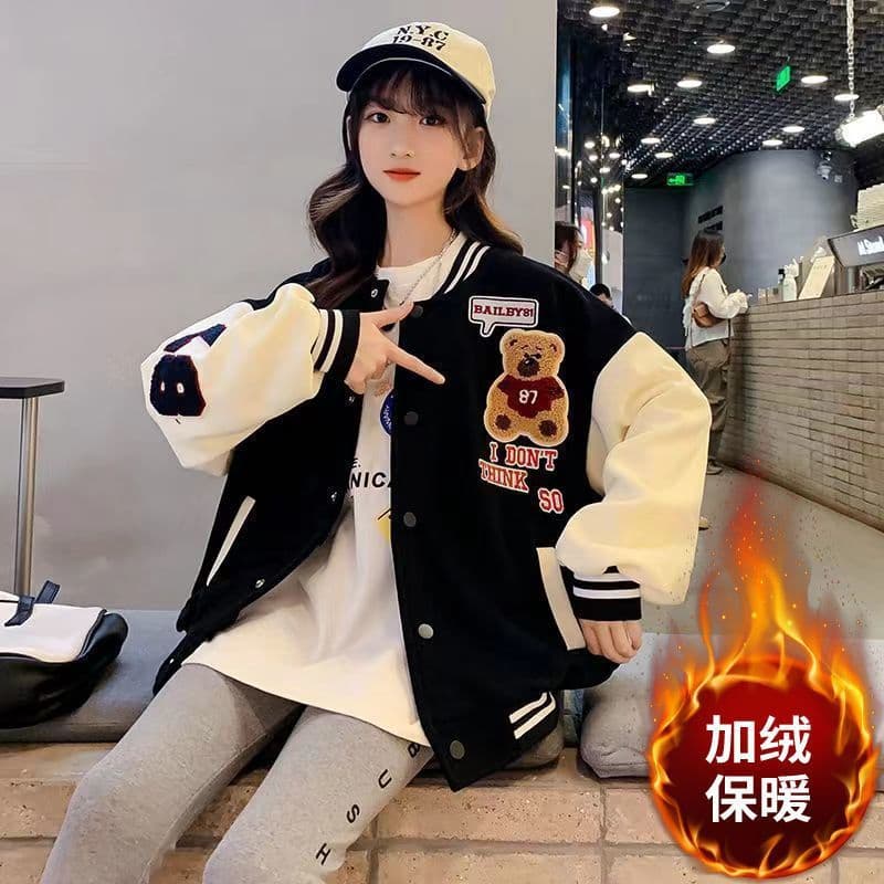 Baseball Jacket for Middle and High School Girls, Trendy Bomber Jacket for Fall/Winter New Arrival, Bear Print Campus Style Loose Fit Coat for Women