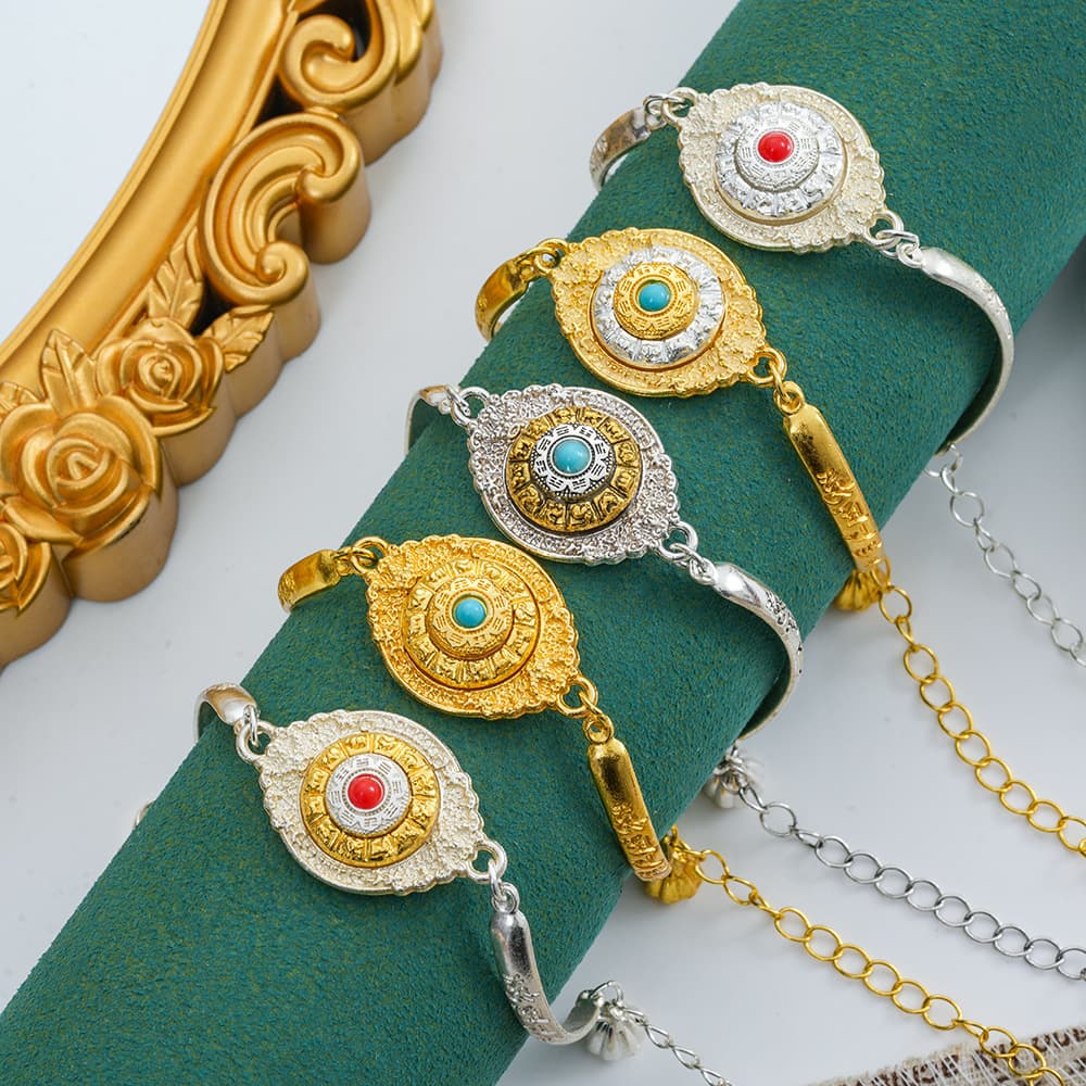 Tibetan Accessory Pendant Ornament Turn of Fortune Retro Niche Minimalist Alloy Six-Syllable Mantra Lotus Bracelet