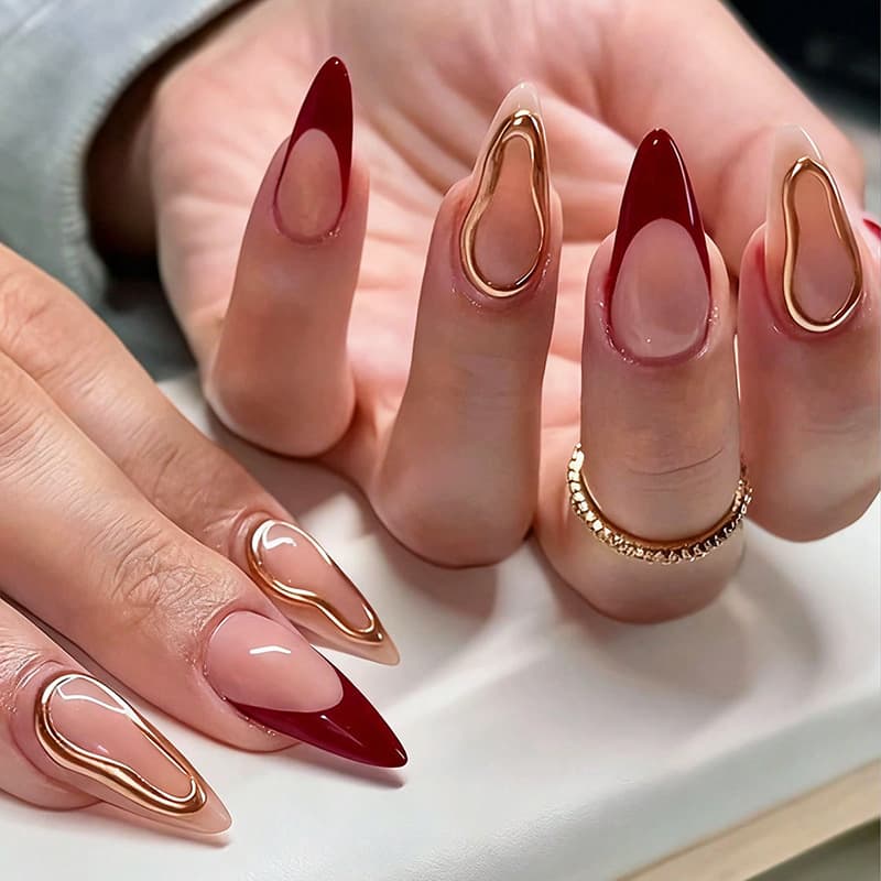 European and American best-selling French manicure nails, almond shape, premium wine red, nude red with gold lines, high-end false nails