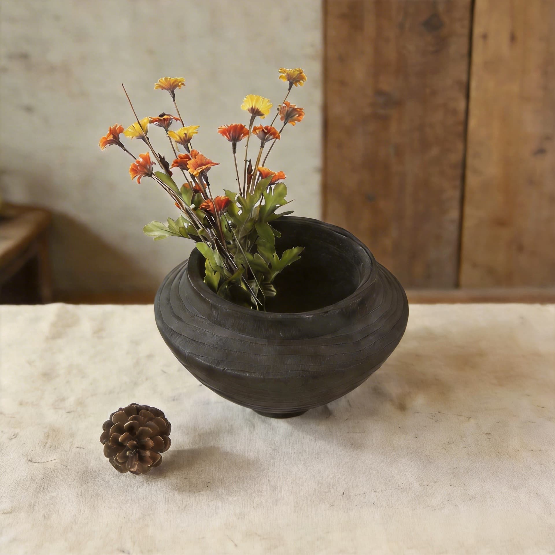 Factory direct handmade wabi-sabi style carbonized chestnut wood black vase home villa art gallery tabletop decorative ornament