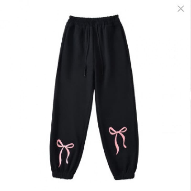 2025 Spring New Bow Printed Sports Trousers Women's Korean Style Hot Girl Drawstring High Waist Casual Pants