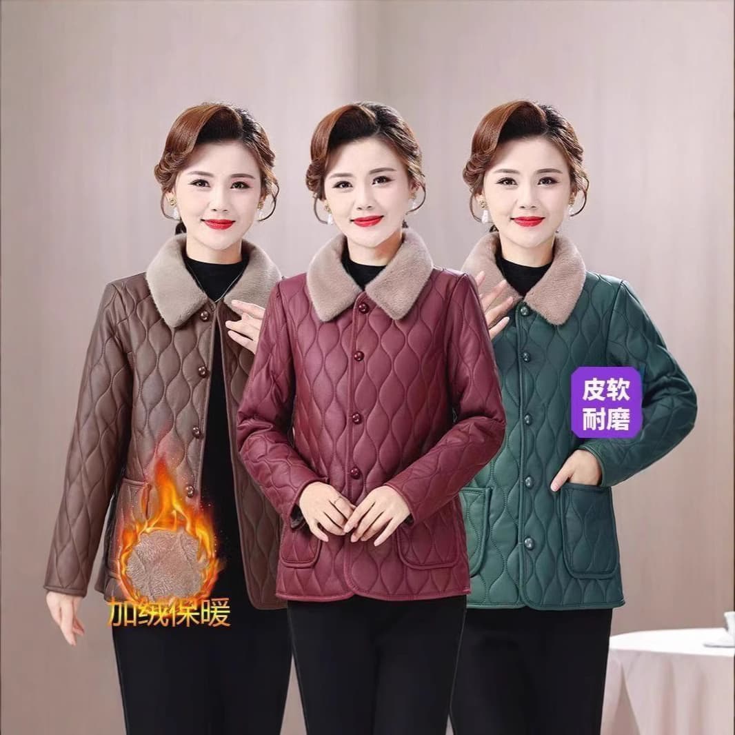 New Middle-Aged Winter Wear Fleece-Lined Thickened Cotton Jacket Non-Pilling Women's Stylish Mother's Coat Wash-Free Outerwear Top