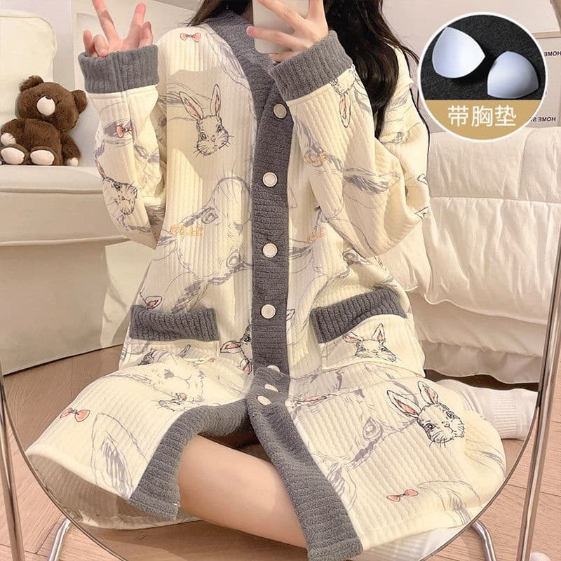 Plus Size Nightgown with Padded Chest, Maternity Wear, Autumn/Winter, Airy Cotton Thickened Lined Breastfeeding Maternity Pajamas