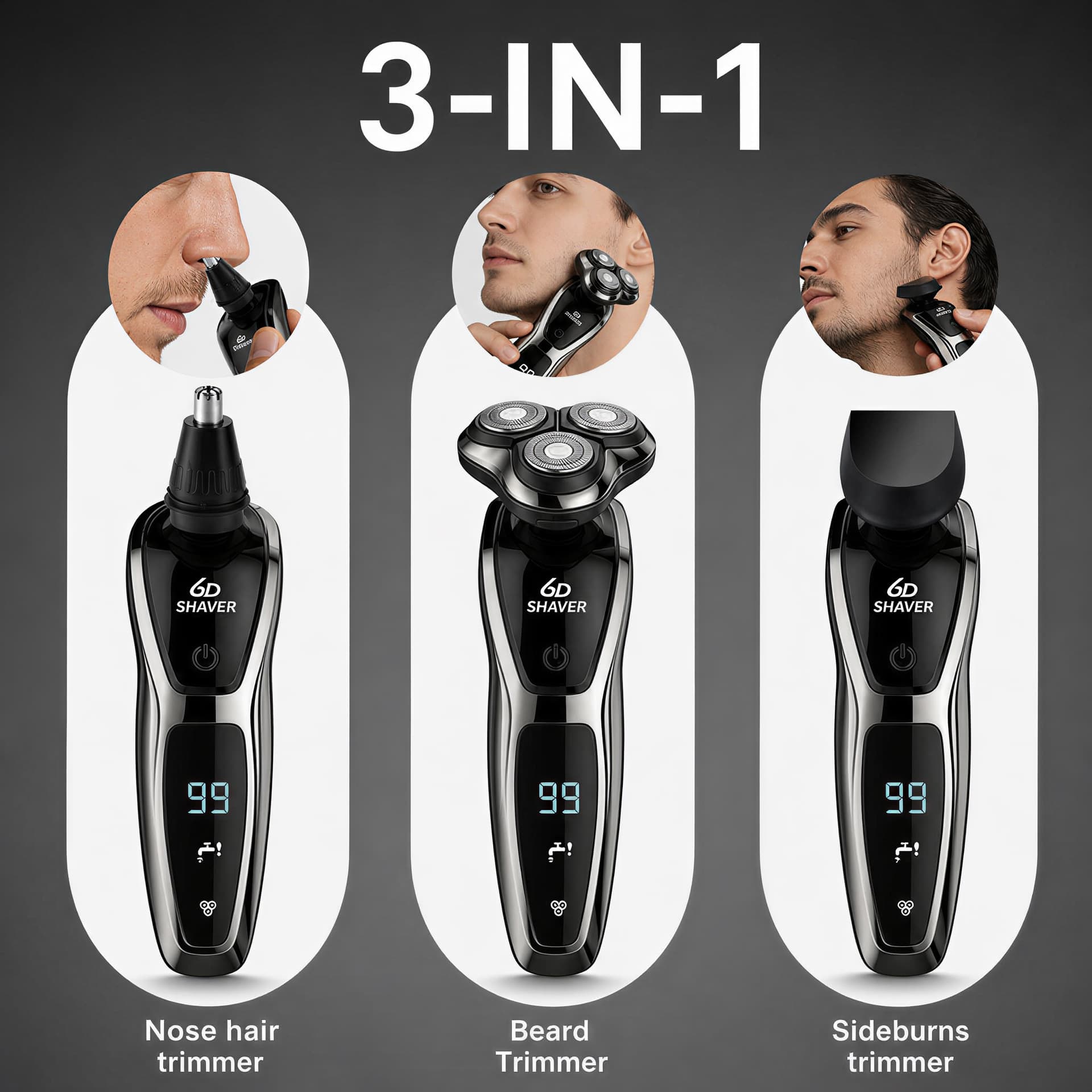 Electric Rechargeable Shaver for Men Beard Trimmer Home Use Rotating 3-Blade Head Waterproof Brush Motor Low Noise Long Battery Life