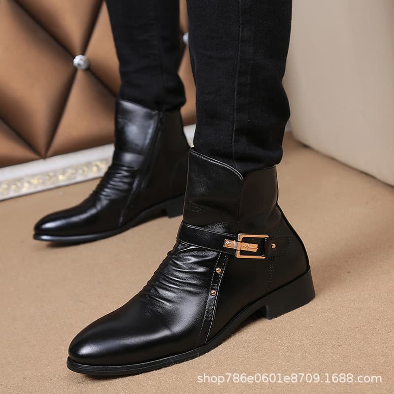 Spring and Autumn High-Top Men's Boots Korean Short Boots British Martin Boots Men's Versatile Short Leather Boots Pointed Toe Fashion Leather Shoes