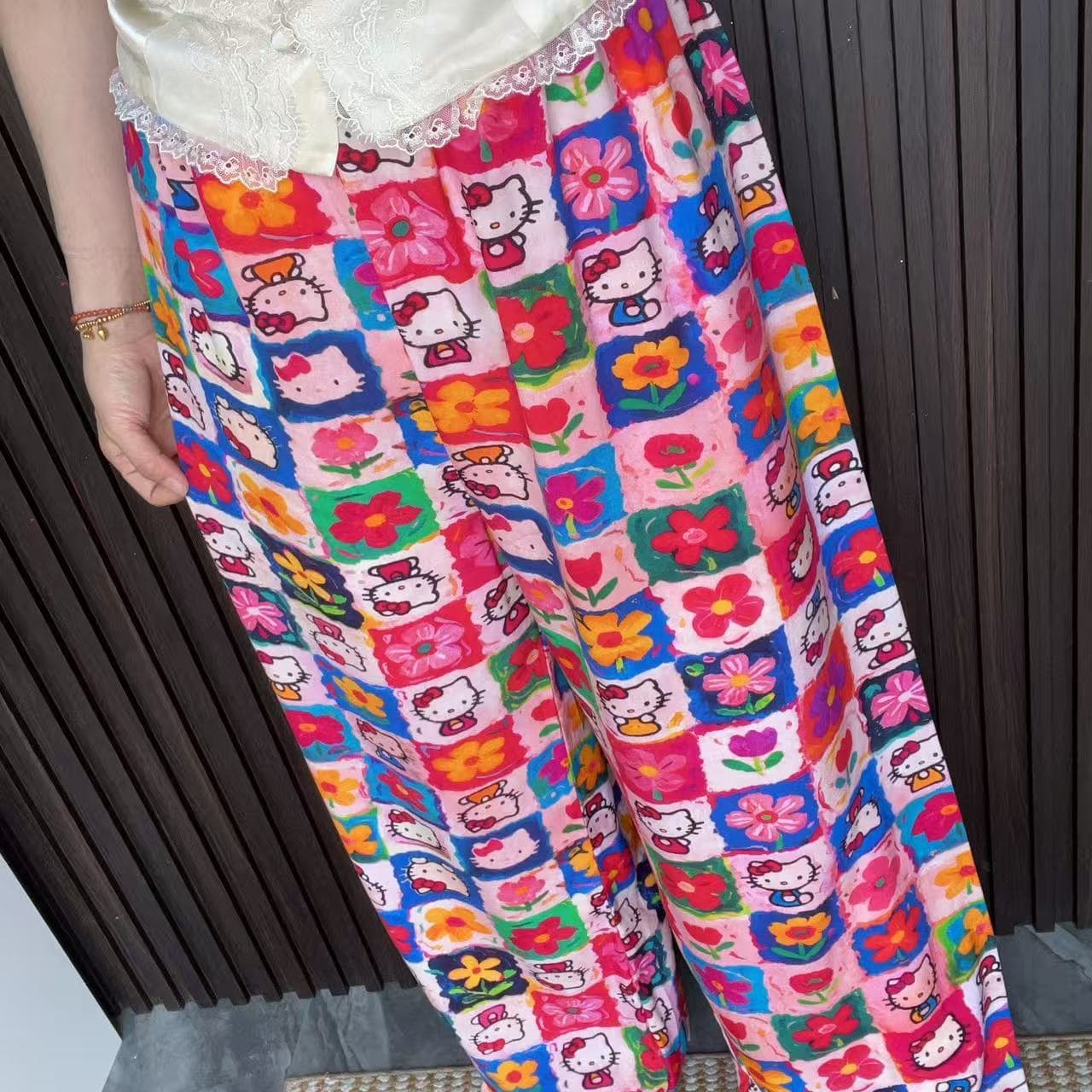 Korean Fresh Printed Cotton Gauze Wide Leg Sleep Pants Women's Summer Thin Loose Wear-Out Home Pants Cartoon Cute Long