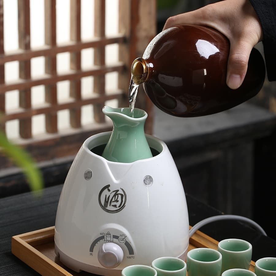 Electric Heating Thermostatic Ceramic Wine Set, Fast Warmer for Yellow Rice Wine and Huadiao, Capacity for 2.5 to 5 Ounces