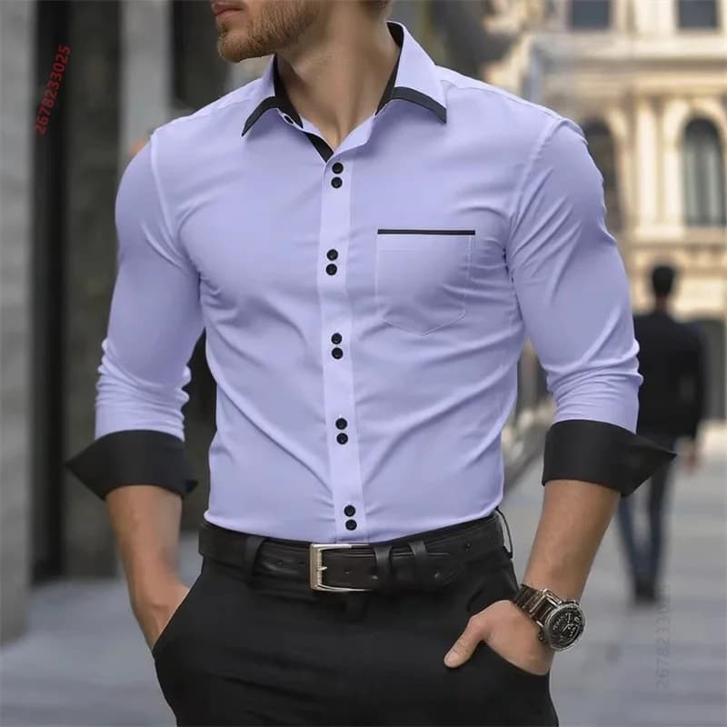 Men's Business Black and White Contrast Trim Long-Sleeve Shirt Slim Fit Turn-Down Collar Shirt Factory Direct Wholesale