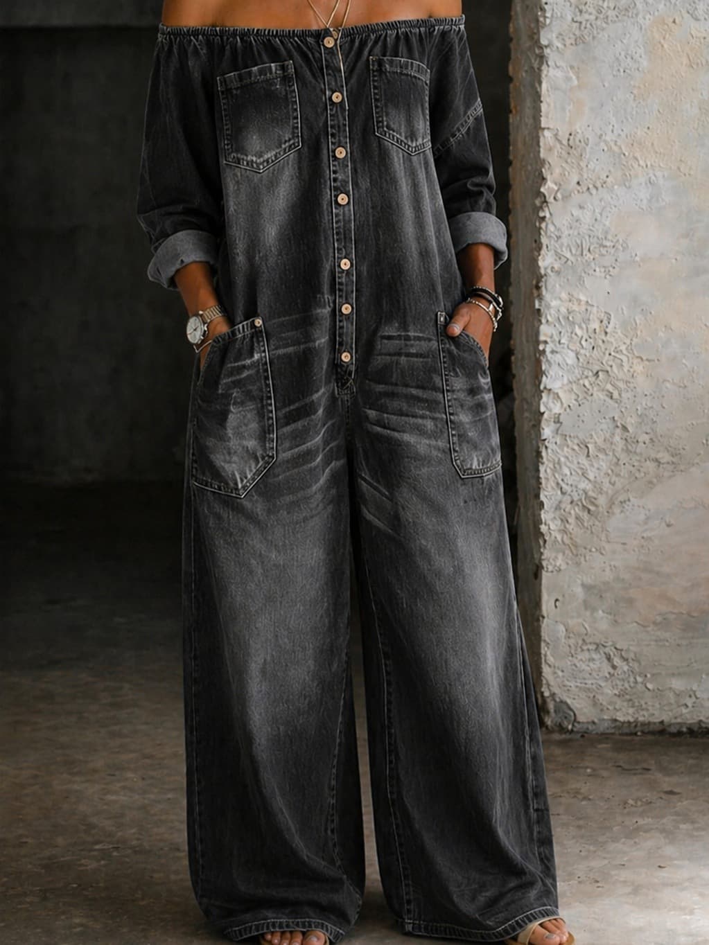 European and American cross-border bestseller jumpsuit, American retro distressed one-shoulder hot girl workwear wide-leg denim jumpsuit for women