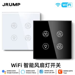 Tuya WiFi EU Standard Smart Fan Light Switch Glass Panel Alexa Remote Control Fan and Light Adjustment