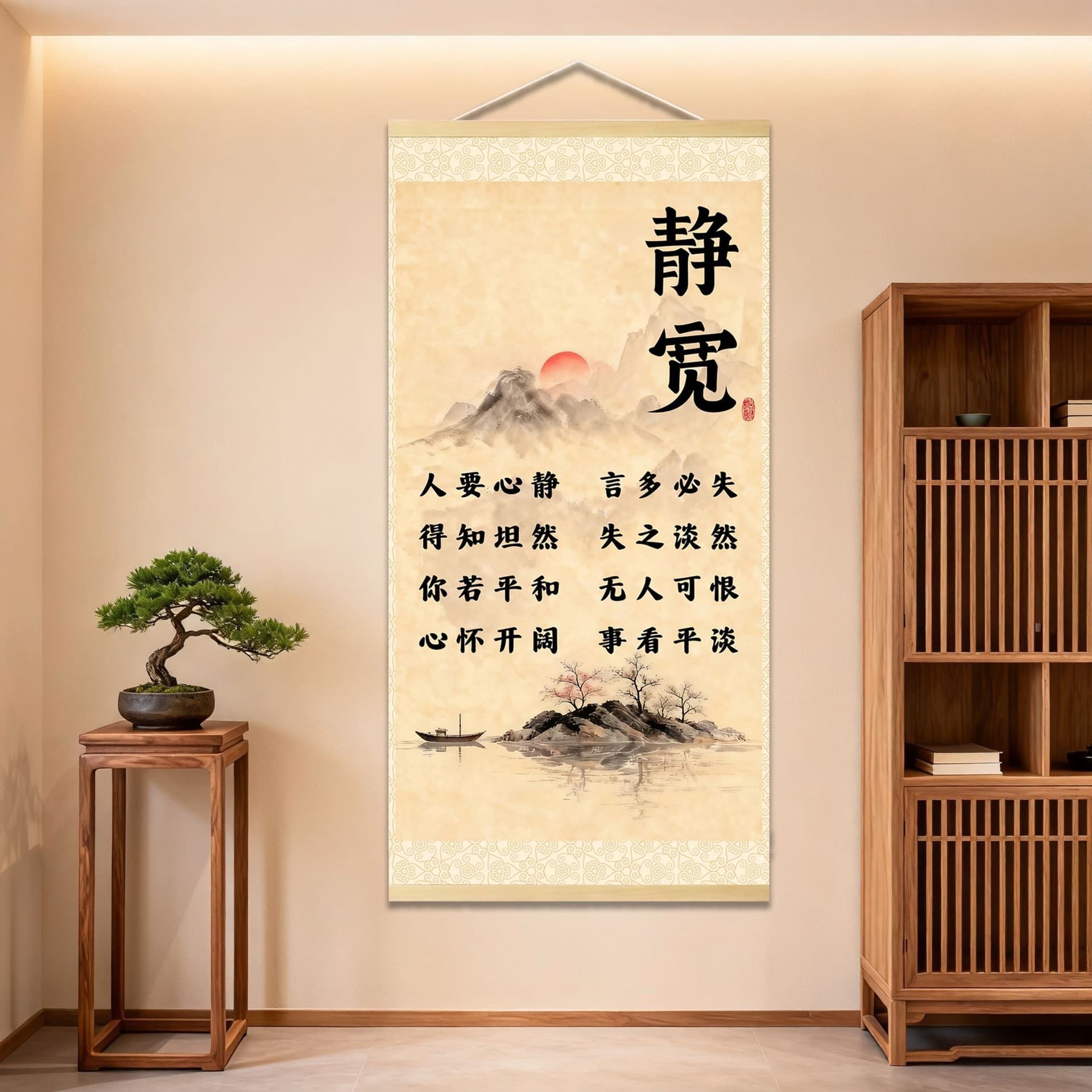 Calm Brings Peace Tolerate Others Office Study Tea Room Jing Kuan Scroll Hanging Painting Framed New Chinese Style Wooden Print K2