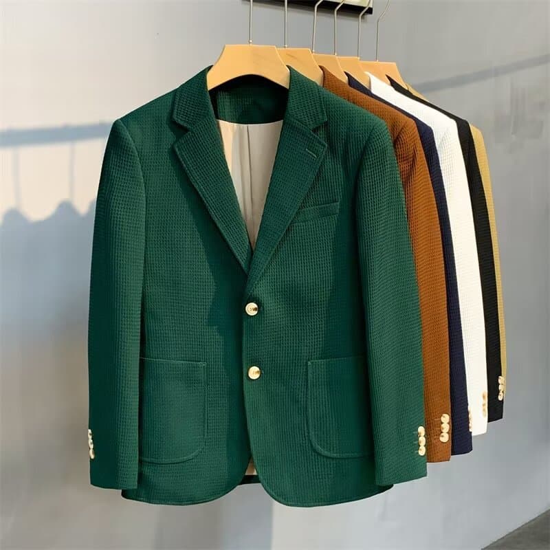 Men's winter thick suit jacket, Korean style casual waffle knit warm jacket, British style fashion white coat