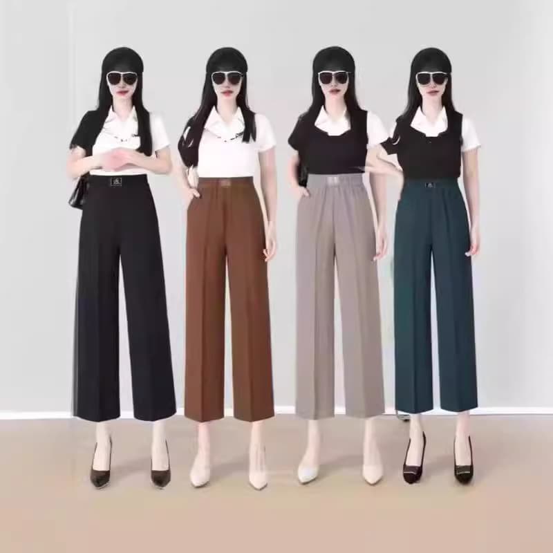 Chiffon Wide-Leg Pants for Women Summer New Arrival Cropped Elastic Waist Petite Sunny Beads Middle-Aged Mom Casual Pants In Stock