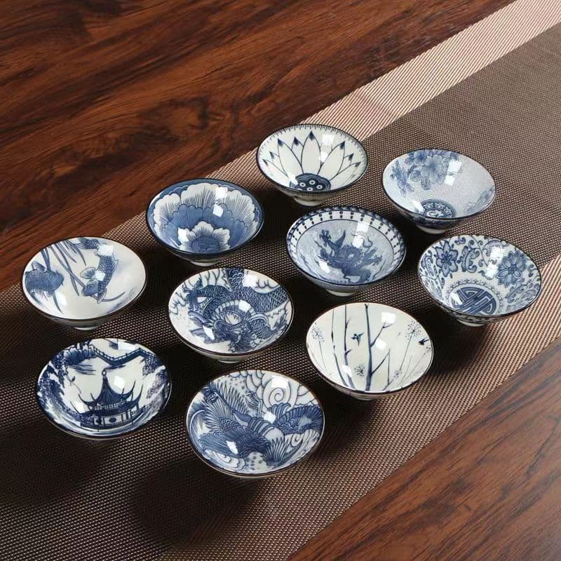Wholesale Blue-and-White Conical Hat Cup Japanese-Style Ceramic Master Cup Tea Tasting Cup Household Gaiwan Kung Fu Tea Set Small Tea Cup