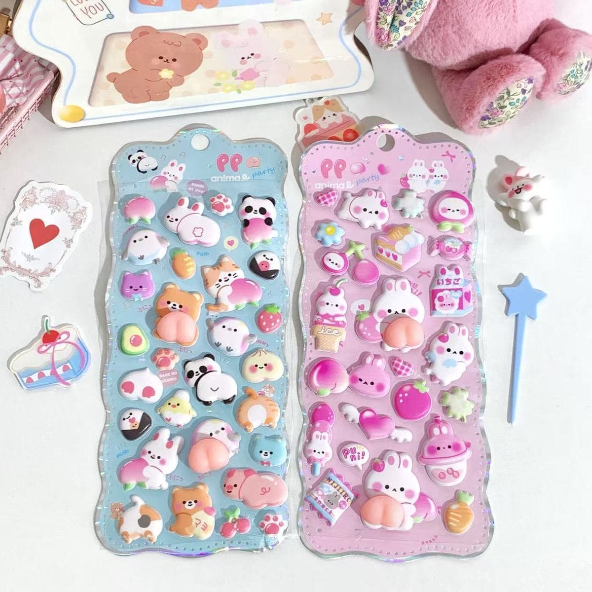 Peach Squishy Sticker Stress Relief Squishy Fun Sticker Cute Bunny 3D Stereo Bubble Sticker for Kids Girls Reward