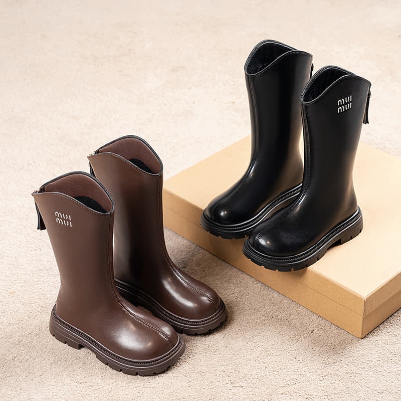 Girls Boots Children Martin Boots 2026 New Autumn Winter Fleece Lined High Top Knight Boots Princess Shoes Mid Long Leather Boots