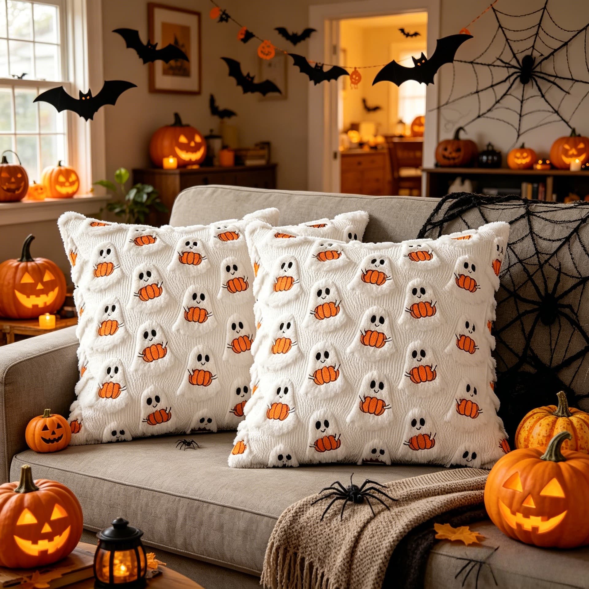 Halloween Pillow Cover Pumpkin Ghost Pillowcase Ins Short Plush Cushion Fun Holiday Decoration for Living Room