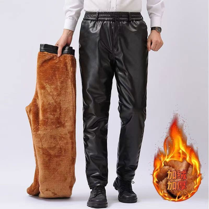 Men's Leather Pants Elastic Waist Fleece-Lined Leather Cotton Pants Middle-aged and Elderly Windproof Thick Warm Oil and Water Resistant Motorcycle Workwear Pants