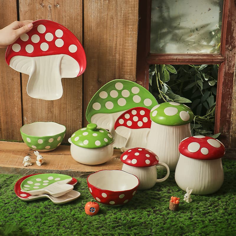 Girly Red and Green Mushroom Tableware, Underglaze Microwave-Safe High-Aesthetic Ceramic Cups, Bowls, and Plates for Home Use