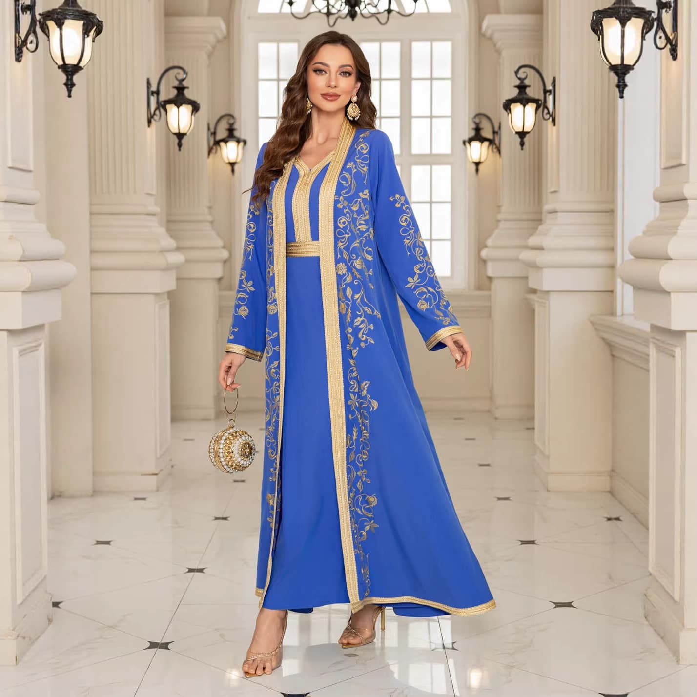 Cross-border E-commerce Embroidered Cardigan Robe Elegant Embroidered Women's Robe Amazon Fashion Two-Piece Long Dress