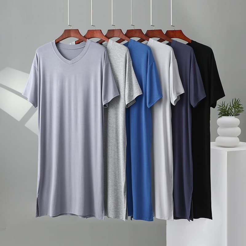 Summer New Modal Men's Nightgown Long Over Knee Short Sleeve V-Neck Mid-Length Robe Loose Fitting Dress