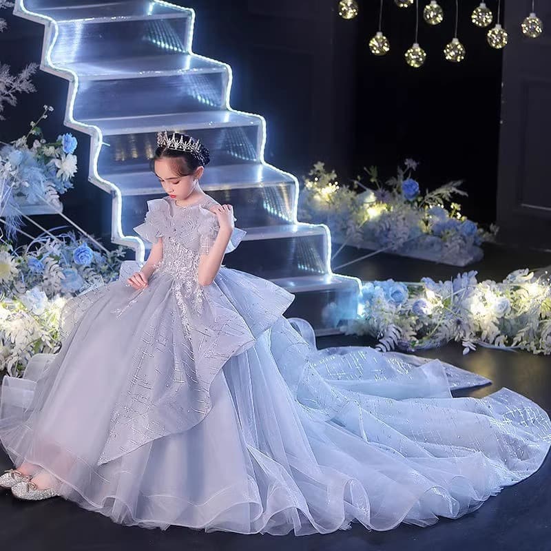 Children's dress trailing catwalk fluffy gauze girl flower girl piano performance costume wedding flower girl uniform floor-length