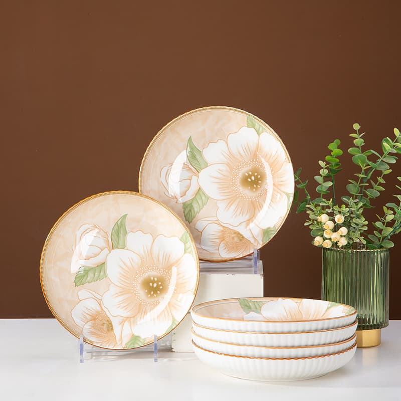 7M9K Bowl and Plate Set - Home Camellia Ceramic Dinnerware, High-Aesthetic Complete Set of Rice Bowls and Plates, Practical