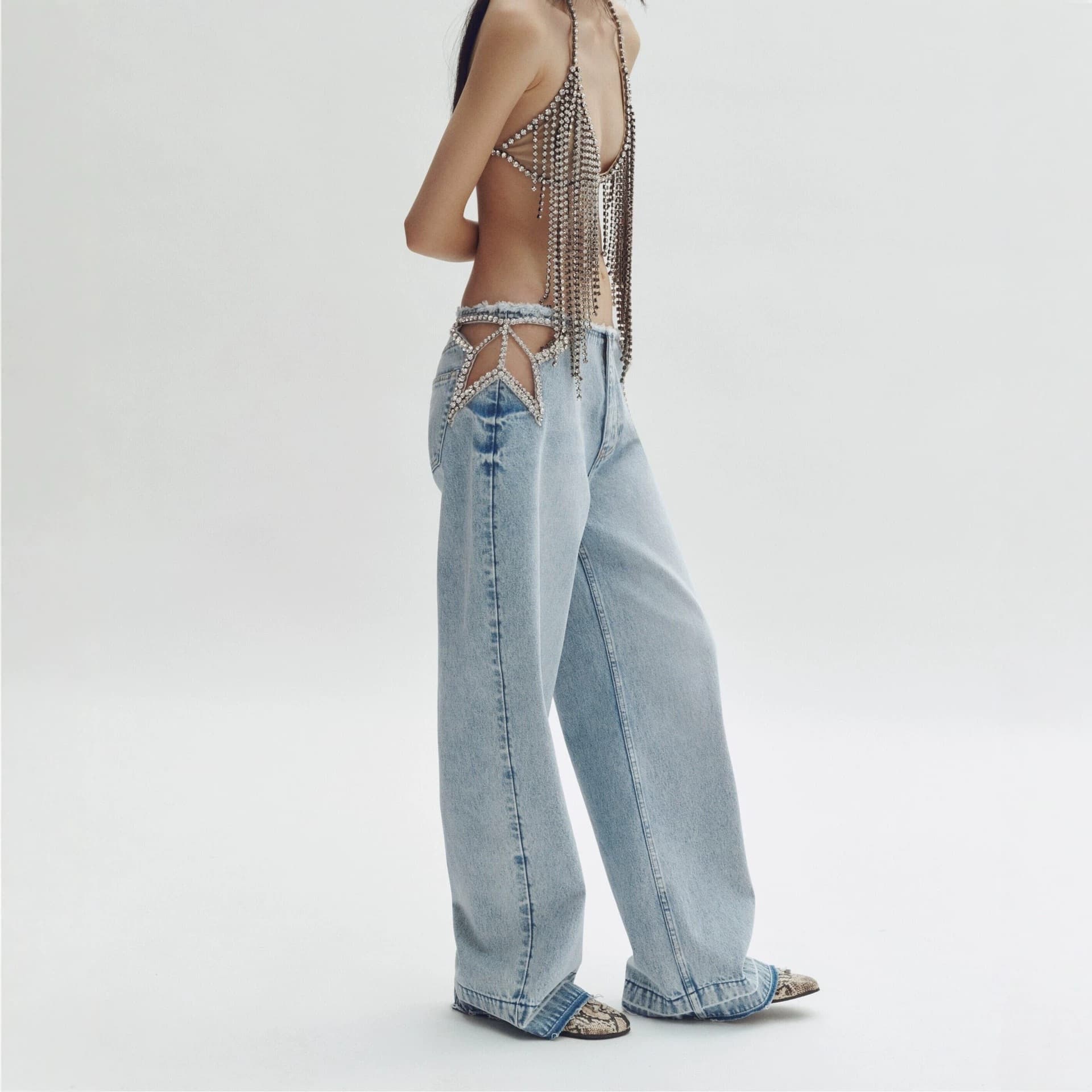 Cross-border Europe and America Rhinestone Jeans for Women, Low-Waist Washed Straight-Leg Loose-Fit Floor-Length Denim Pants