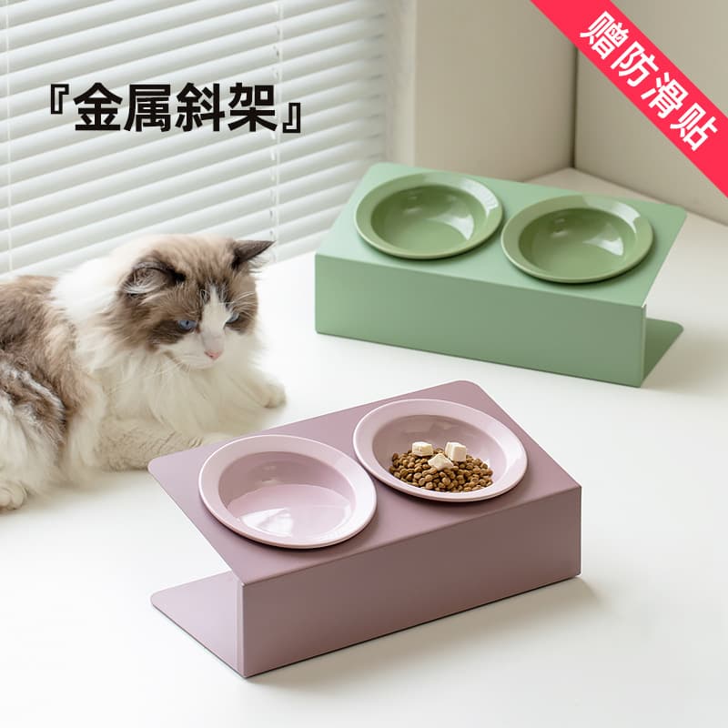 Ceramic Angled Double-Bowl Flying Saucer Straw Hat Pet Cat Bowl, High-Foot Neck Support Anti-Tip Drinking and Feeding Bowl for Cats and Dogs