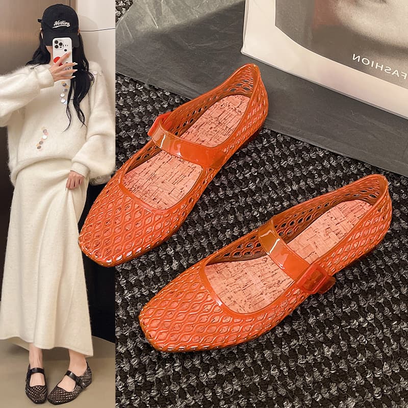 Summer Flat Shoes for Women, Hollow Breathable Shallow Mouth Buckle Sandals, Fairy Style with Skirt, Mary Jane Women's Shoes