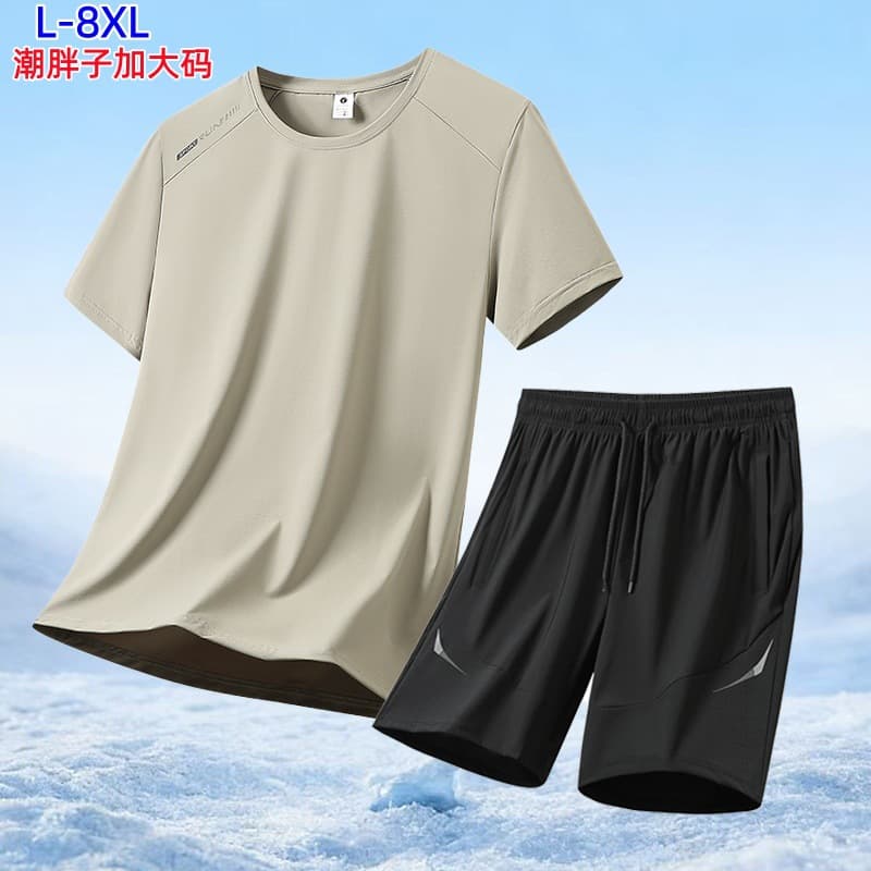 Summer Short-Sleeve T-Shirt Set for Men, Ice Silk Quick-Dry Plus Size Casual Two-Piece Set, Sports Vest and Shorts for Big Men