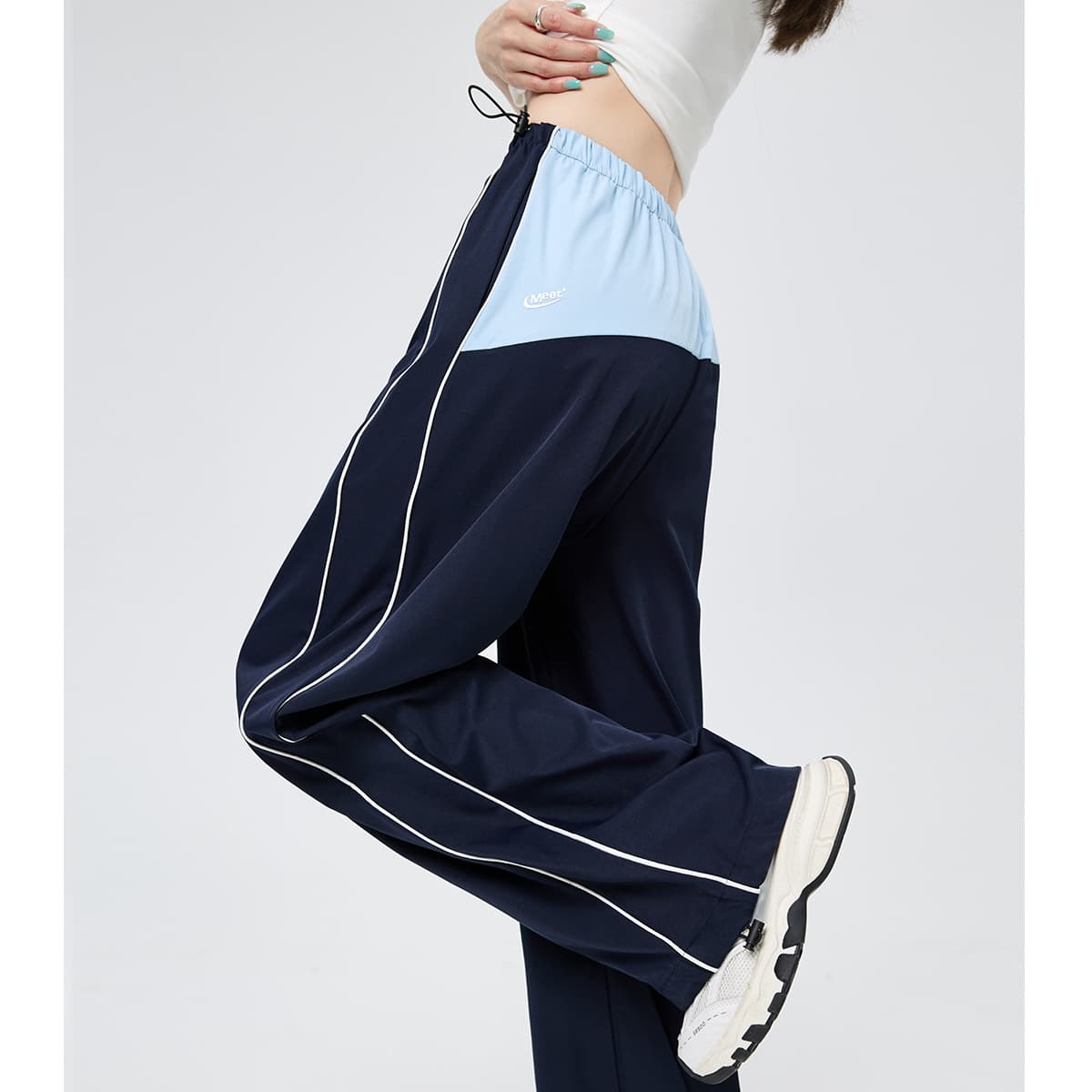Summer Color-Blocking Sports Pants for Women, Thin Quick-Dry Cargo Pants, American-Style Loose Wide-Leg Pants, Floor-Length Casual Pants