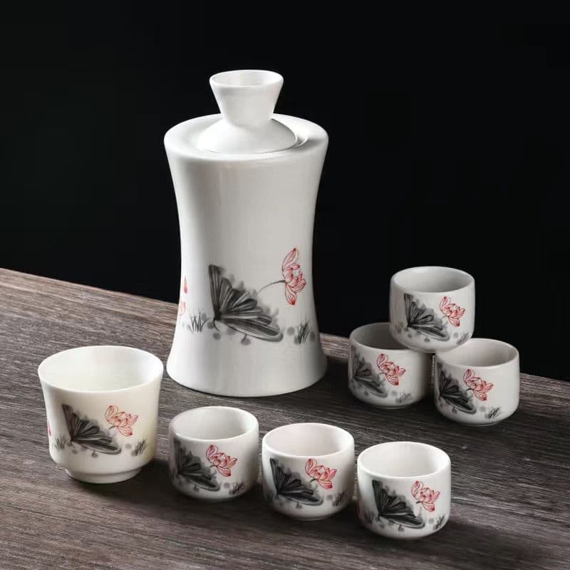 Ceramic Drinking Set with Hot Wine Pot, White Spirits Cup, Liquor Pot, Warmer, Shot Glass, Divider, and Tasting Cup