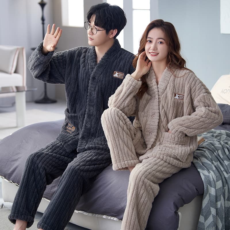 Couple's Fleece Lined Flannel Pajamas Thick Winter Style V-Neck Home Clothes Set for Men And Women Warm Cozy Sleepwear Set
