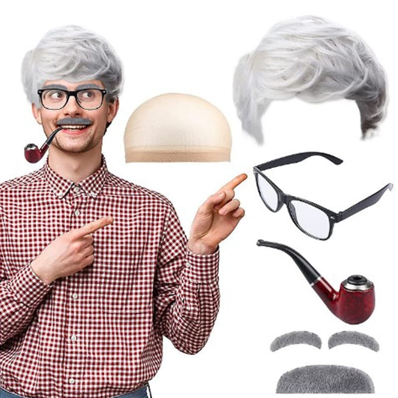 Vintage Grandpa Roleplay Professor Wig Headcover Prop Beard Pipe Glasses Men's Personal Care Home Cleaning Men's Wig