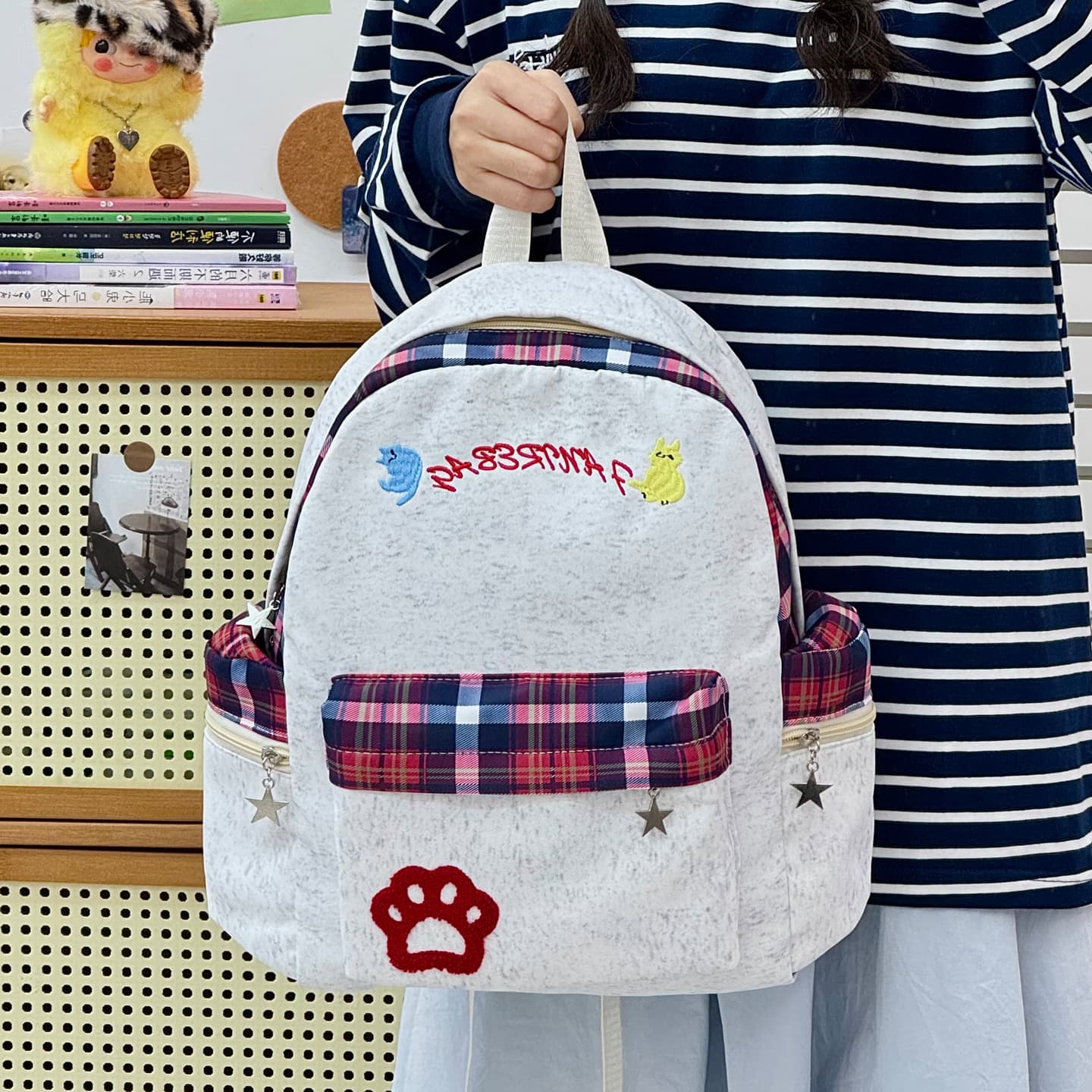 Mottled Gray Color-Block Plaid Cat Paw Backpack Japanese Style Student Campus Commute Casual Versatile Bag